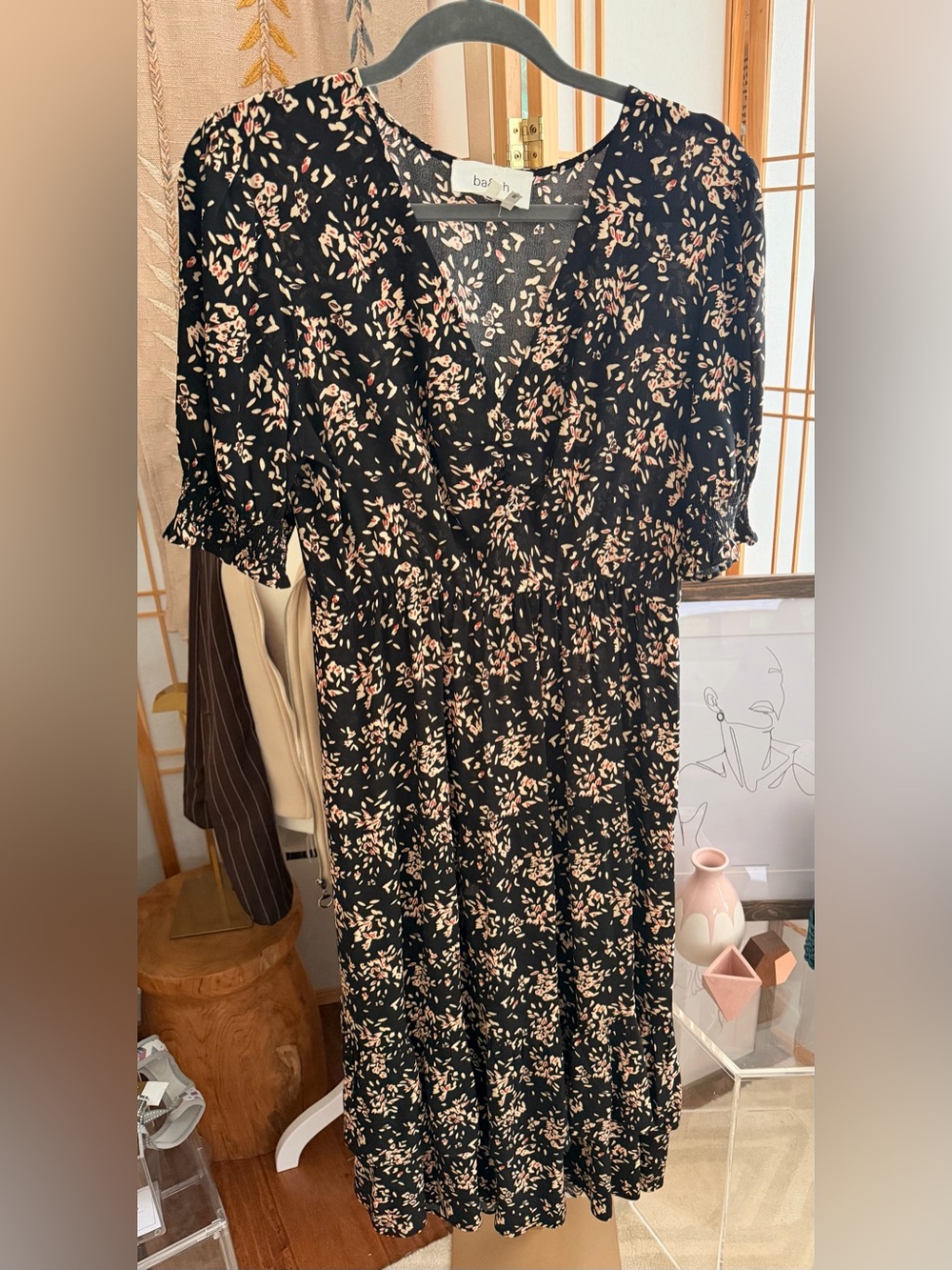 ba&sh Vika Floral Midi Dress Black Pink Size L / US 8